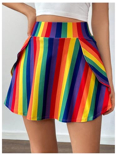 WDIRARA Women's Rainbow Striped Elastic Waist Active Tennis Skorts Golf Workout Skirt Shorts with Pocket3