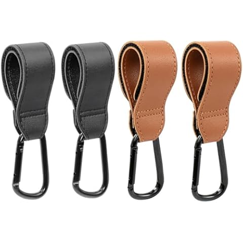 4-Pack Baby Stroller Hooks - Bag Hooks for Hanging Diaper Bags Multipurpose Hooks for Grocery Shopping Bags Premium Vegan Leather Pram Straps (Brown and Black) Cover