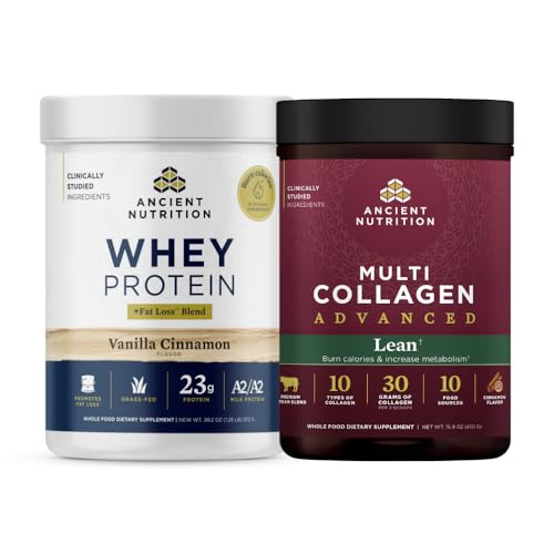 Ancient Nutrition Multi Collagen Advanced Peptides Powder Lean, Cinnamon, 25 Servings + Grass-fed Whey + Fat Loss Protein Powder, Vanilla Cinnamon, 18 Servings - image 1