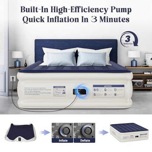 Air Mattress Queen with Built-in Pump, Blow Up Mattress with Soft Flocked Top, Leakproof Inflatable Mattress, Foldable Waterproof Air Bed for Home, Guests, Camping, with Storage Bag