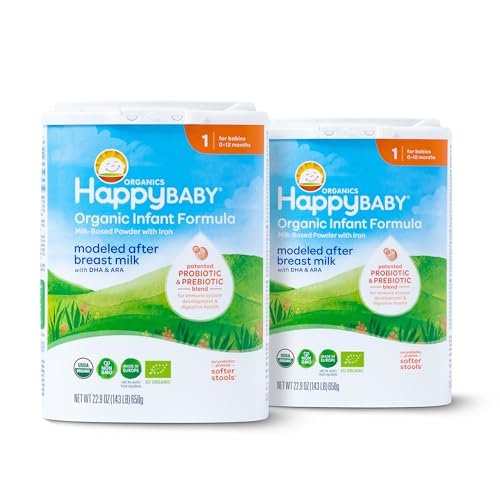 Image of Happy Baby Organics Stage 1 Infant Formula, 0-12 Months, Milk Based Organic Baby Formula Powder with Iron, Probiotics & Prebiotics for Immune & Digestive Support, 22.9 Ounce (Pack of 2)