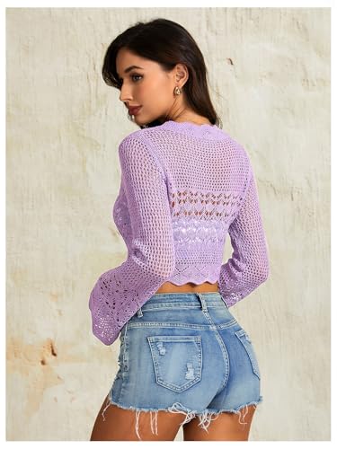 Image of OYOANGLE Women's Crochet Tie Front Sweater Cardigans Bell Sleeve Knitted Cropped Bolero Shrug Cardigan