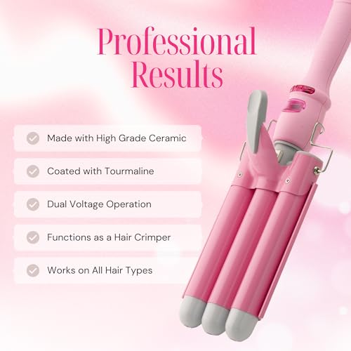 Image of Alure Three Barrel Curling Iron Wand Hair Waver with LCD Temperature Display - 1 Inch Ceramic Tourmaline Triple Barrels, Dual Voltage Crimp (White /Pink)