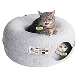 Cattasaurus Peekaboo Cat Cave Donut for Multiple & Large Cats up to 30-45 lbs, 3-in-1 Self Warming Cat Bed, Tunnel & Scratcher for Indoor Cats, Washable & Detachable Small Dog Bed (Light Gray, Large)