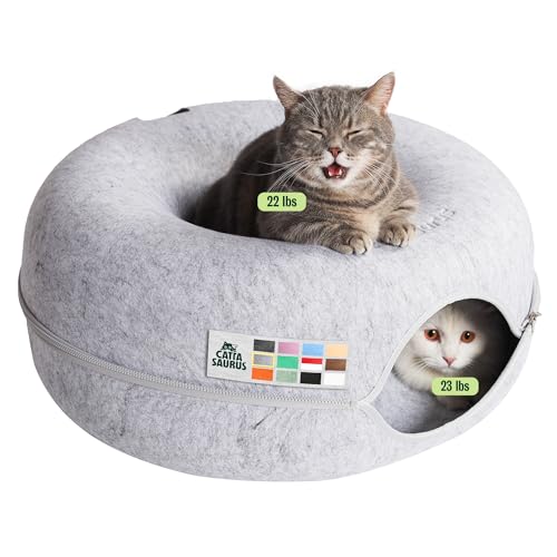 Cattasaurus Peekaboo Cat Cave Donut for Multiple & Large Cats up to 30-45 lbs, 3-in-1 Self Warming Cat Bed, Tunnel & Scratcher for Indoor Cats, Washable & Detachable Small Dog Bed (Light Gray, Large)