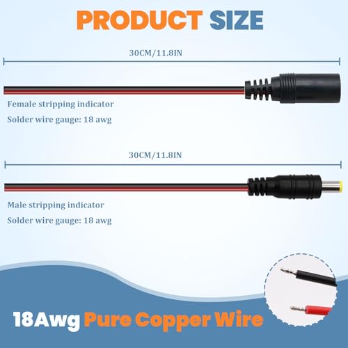 10 Pairs (Real 18AWG) 12V 5A DC Power Pigtail Barrel Plug Connector Cable,5.5mm x 2.1mm Male Female DC Pigtail Connectors Surveillance Camera Cables for CCTV Security Camera O-116 - Image 3