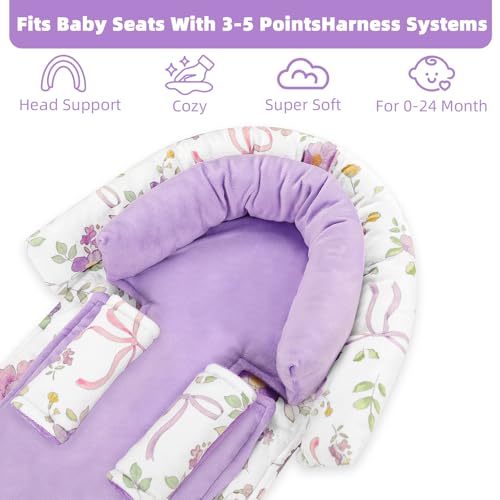Image of SWESEN Infant Car Seat Insert & Strap Covers, Car Seat Head Support for Baby Girls, 2 in 1 Soft Plush Car Seat Insert for Newborns, for Infants Aged 0-12, Purple Bow