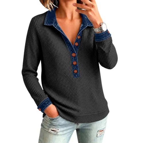 Waffle Knit Shirts for Women V Neck Henley Button Trendy Pullover - image 3