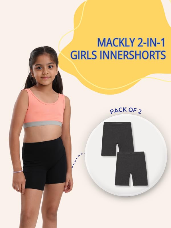 Image of mackly Girls Inner Shorts (Pack of 2) | 2-in-1 Seamless Panty Shorts with Gusset | Soft Breathable Base Layer for Dresses, Skirts