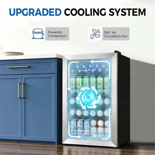 Image of 20 Inch Beverage Refrigerator Cooler, 145 Cans Mini Fridge with Glass Door&Lock, Small Drink Cooler Freestanding /Counter-Top for Soda, Beer with LED Light for Home Bar Office - 3.4 Cu.Ft, Silver