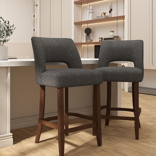 Image of VKNOW Bar Stools Set of 2, 26 inch Upholstered Counter Height Bar Stools, Modern Counter Stools with Wood Legs for Kitchen Island Dining Room Bar, Charcoal