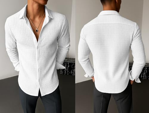 Image of Men's Casual Button Down Shirts Long Sleeve Linen Shirt Fashion Textured Beach Summer Shirts| Men Stylish Shirt | Men Fancy