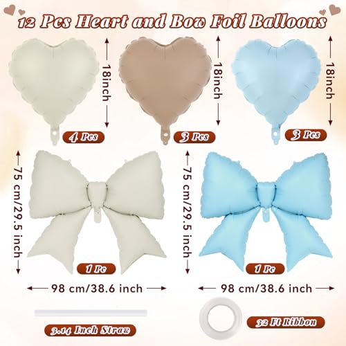 Image of 12 Pcs 18 Inch Heart Balloons and 38 Inch Bow Balloons, Large Foil Bow Heart Balloon Bow Party Decorations for Birthday Baby Shower Valentines Wedding Party