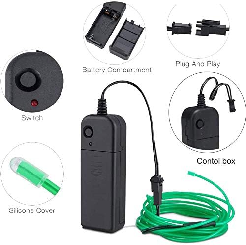 Image of MaxLax EL Wire Green, 2M Portable Battery Pack Neon Light Strip 360 Cuttable Glowing Rope Lights for Parties, Halloween, DIY Decoration