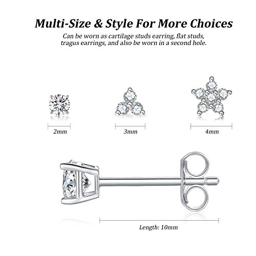 Sterling Silver Stud Earrings For Women, 3 Pairs Tiny Flower Earrings Set | Small Cubic Zirconia Helix Earrings Dainty Tragus Cartilage Studs Cherry Blossom Ear Piercing Jewelry Gifts For Girls Teens #TOP2
