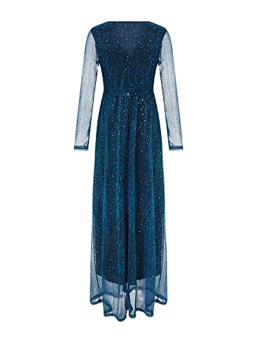 Vestido longo elegante com decote em V e cintura plissada, vestido de festa de manga comprida (azul
