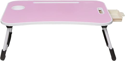 Amazon Basics Engineered Wood Foldable Laptop Table with Cup Holder, Tablet Groove and Mini Drawer (Pink)