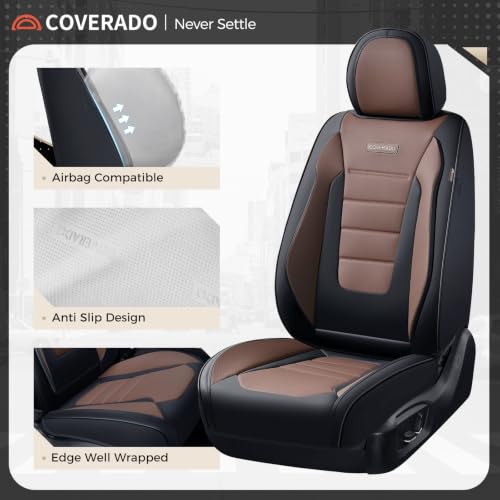 Image of Coverado Car Seat Covers Front, Seat Covers for Cars, Waterproof 2-Pack Car Seat Cushions, Leather Carseat Seat Protectors, Universal Seat Covers Fit for Most Sedans SUV Pick-up Trucks(Black&Coffee)