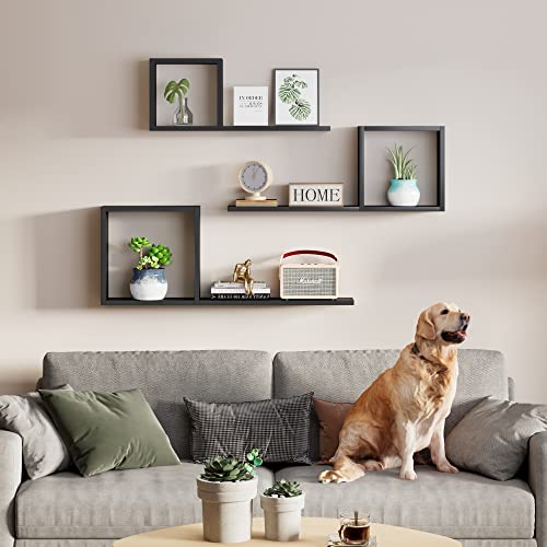 Ecowillon Square Floating Shelves Wall Mouted, Pine Wood Honeycomb Shelves Set Of 6, Geometric Floating Shelves For Wall Decor, Black Wall Cube Box Shelves For Bedroom, Living Room, Office #TOP1