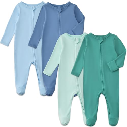 Aablexema Baby Footed Pajamas with Mitten Cuffs Zipper 4-Pack Infant Newborn Cotton Long Sleeve Outfit(Green/Blue Set,3-6m)
