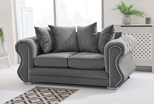 Sofahub Falcon Grey Plush Velvet Sofa – 2 Seater, 3 Seater, 3+2 Set or Corner Options – Scatterback, Foam Cushions – Diamond Stud Button Tufted Arms – Modern Living Room Sofa (Grey, 2 Seater)
