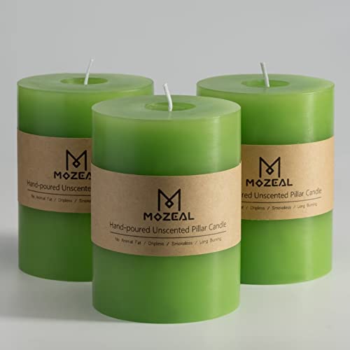 MOZEAL 3" x 4" Hand-Poured Unscented Candle,Dripless Pillar Candle Set of 3,Long Clean Burning,Approx 72 Hours Burn Time,Rustic Country Style,Wedding,Dinner,Christmas and Home Decor,Green