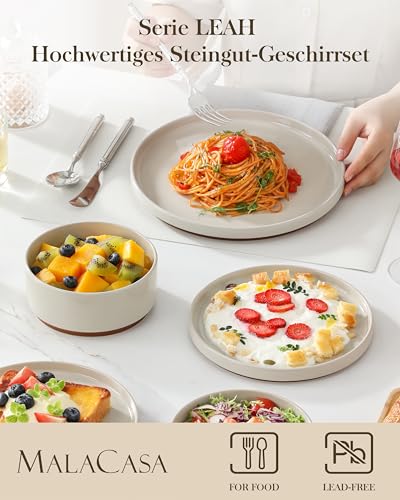 MALACASA Steingut Geschirrset 8 Personen, 24-tlg. Tafelservice mit Sesam Glasur, Keramik Essgeschirr Set mit Senkrechte Stellkante, Schüssel- und Teller Set, Hellgrau mit Braunen Unterseite