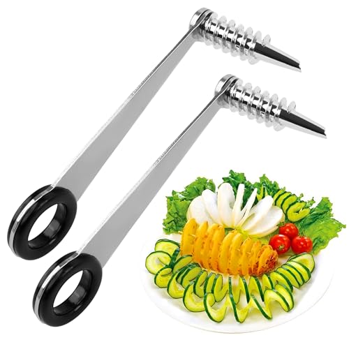 2 Pezzi Taglia Patate a Spirale, Affettatrice a Spirale in Acciaio Inossidabile, Utensile Manuale Tagliare Verdure a Spiral Portatile, Spiralizzatore per Patate, Cetrioli, Carote, Frutta
