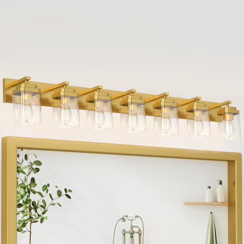 Image of Brushed Gold Bathroom Light Fixtures, 7 Lights Bathroom Lighting Fixtures Over Mirror, Square Design & Rectangle Large Backplate, Modern Vanity Lighting Fixtures, for Living Room /Bedroom