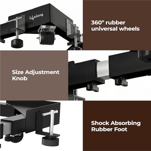 Image of Lifelong Washing Machine Stand - Adjustable Metal Kitchen Trolley with Wheels for Home with 8 Anti Vibration Rubber Grips - Up to 250Kg - Suitable for Fridge, Dishwasher & Air Cooler (Black & White)
