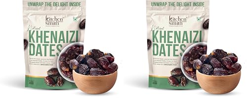 Image of KitchenSmith Khenaizi Fresh Dates - 400gm | No Preservatives & Added Sugar | High Fibre | Energy Health Snacks | Premium Khajoor (Pack of 2)