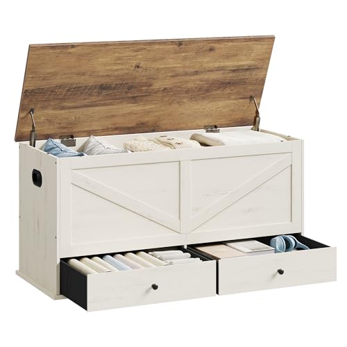 VASAGLE Storage Chest, Storage Bench with 2 Fabric Drawers, Farmhouse Style, for Entryway, Bedroom, Living Room, 15.7 x 39.4 x 19.9 Inches, Rustic White and Honey Brown ULSB043W02