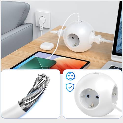 Listwa zasilająca PD 25 W, kostka z 1 USB A i 2 USB C, listwa zasilająca z 3 gniazdami wtykowymi, gniazdo kulowe z kablem 2 m (3680 W, 16 A, do gniazd biurowych, biała