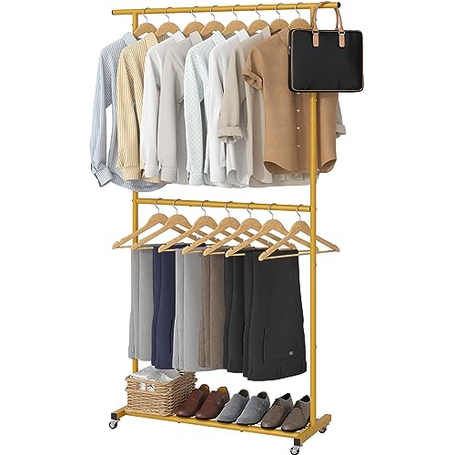 Sywhitta Double Rod Clothing Garment Rack, Rolling Coat Hanger with Bottom Mesh, Clothing Rack for Hanging Clothes, Coats, Skirts, Sweaters, Gold