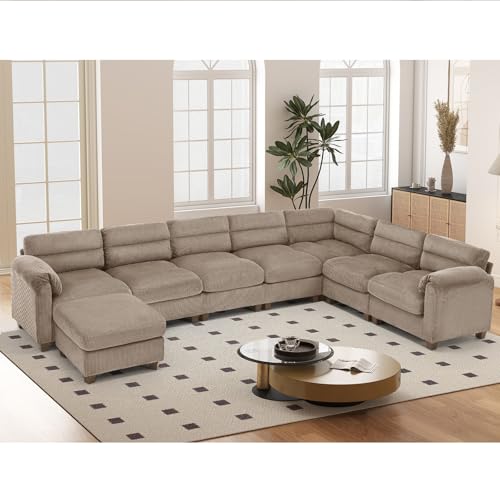 HAOMARKETS 135” Modular Sectional L Shaped Corner Sofa with Movable Ottoman, Corduroy 8-Seater Couches with Thick Cushion for Living Room, Brown