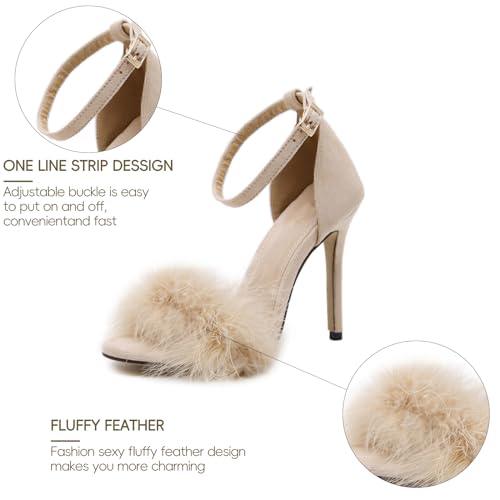 Image of Women's Sexy Heeled Sandals Fluffy Feather Open Toe Stiletto High Heels | Ankle Strap Buckle Shoes for the Bedroom Wedding Party Dance Evening Date Night Lingerie Cocktail Club Fuzzy Faux Fur