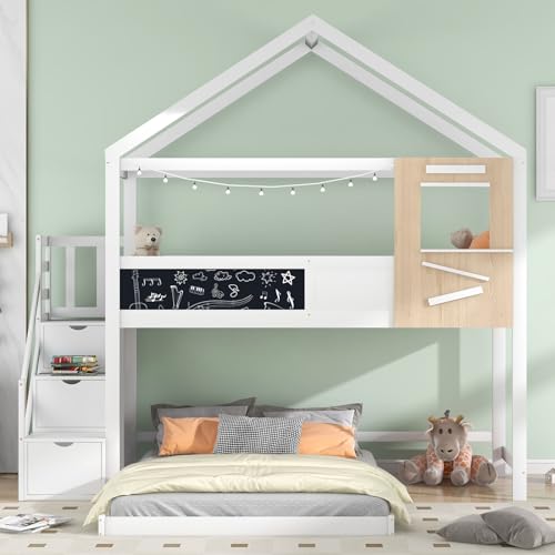 Daesar Hausbett für 2 Kinder, Kinderbett mit Treppe und Fenster, Bettgestell mit Lattenrost, Treppe mit 3 Schubladen, Jugendbett für Kinder Jugendliche, Weiß (90x200CM)