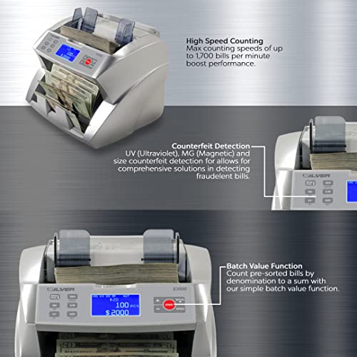 Silver By Accubanker S3500 Flex Bill Counter - High Speed Money Counter Machine & 4-Point Counterfeit Detection Uv/Mg/Dd- Sorted Cash Only, Count Number Of Bills & Calculate Value Per Denomination #TOP5