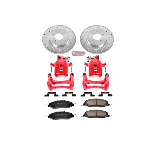 Image of PowerStop Rear Brake & Caliper Kit for Ford Mustang 2005-11 - Carbon-Fiber Ceramic Brake Pads + Drilled & Slotted Rotors + Red Powder Coated Calipers, KC1384