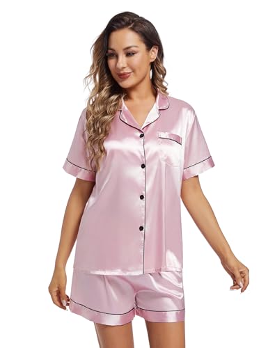 Image of Fivali Women Silk Satin Pajamas Set: Soft Short Sleeve 2 piece Pjs Ladies Button-down Pj Sets Silky Women's Sleepwear