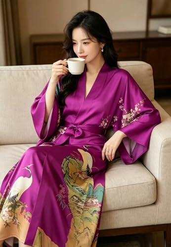 Image of Women's Classic 100% Silk Kimono Robe, Bathrobe-Printed Pattern