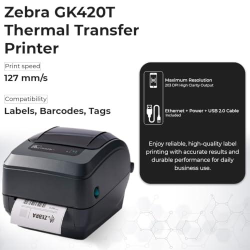 Image of Zebra GK420T Thermal Transfer Desktop Printer for Labels, Receipts, Barcodes, Tags - 1 Year Warranty with Power Cable + 24V AC Adapter + 4x6 Roll + USB 2.0 Cable + Microfiber Cloth (Renewed)