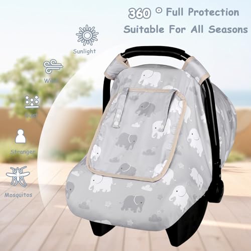 Image of Windproof Baby Car Seat Cover, 3D Mink Dot Infant Car Seat Canopy with Breathable Mesh Window, Baby Carrier for All Seasons, Easy Access Carseat Covers Snug Fit Infant Stroller(Elephant)