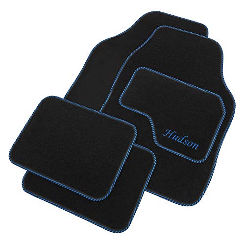 JVL Personalised Universal Black Carpet Car Mat Set with Blue Embroidered Drivers Mat