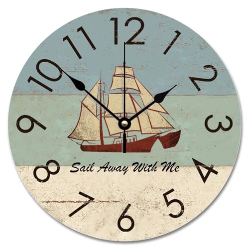 Guangpat Orologio da parete da 25,4 cm con barca a vela nautico vintage nave grande orologio da parete in legno a batteria casa colonica capannone decorazione soggiorno regalo per uomo, donna, amico