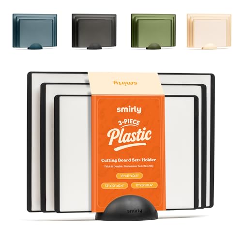 SMIRLY Plastic Cutting Board Set with Holder 3 Pieces, Non-Slip Dishwasher Safe Chopping Boards for Kitchen, Black & White