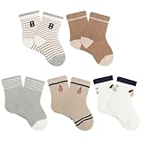 PBHPBH 5 Pairs Fashion Baby Non-Slip Cotton Socks with Grips - Toddler Socks for Girls & Boys, Suitable for learning to walk (US, Age, 0 Months, 1 Year, Blue)