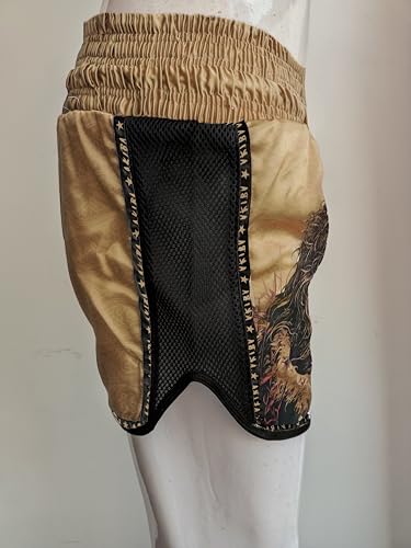 Image of AKIBA Muay Thai Shorts Satin Boxing Fight Training Shorts with Elastic Waistband and Side Slits for Ring Sparring and Gym Sessions Tribal Print