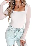 PINKMSTYLE Womens Square Neck Long Sleeve Shapewear Bodysuit Corset Tops Sheer Sexy Concert Outfits White X-Large