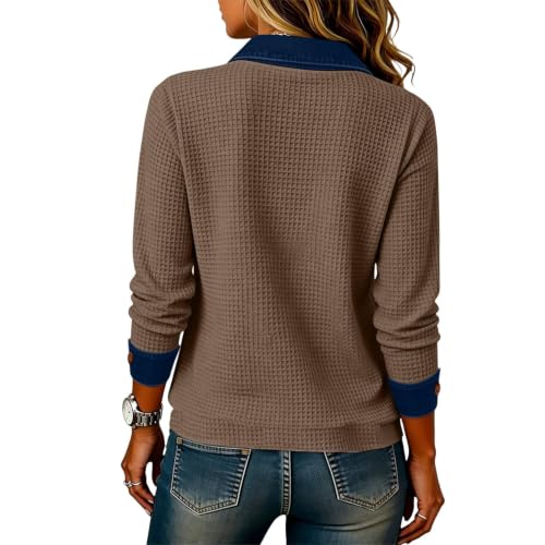 Waffle Knit Tops for Women Long Sleeve Denim Patchwork Fall Henley Shirts - image 7